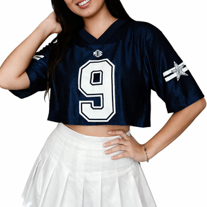 Camiseta Deportiva Corta Azul de Fútbol Americano para Mujer con Estrella de Diamantes de Imitación en la Manga, Estilo Oversize, Malla Transpirable, Top Deportivo, Servicio OEM de Impresión Personalizada - Product Image 6