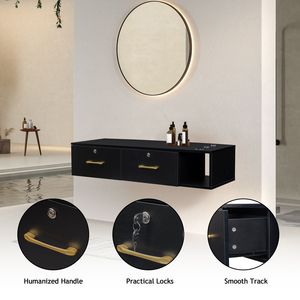Mobiletto da Salone in Truciolato E0 da 15 cm con Superficie in Canapa, Nero, con Due Cassetti e Tre Fori con Serratura per Mobili da Bagno - Product Image 3