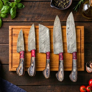 Juego de Cuchillos de Cocina de Acero de Damasco Hechos a Mano de 5 Piezas con Mango de Micarta y Funda de Cuero, Cuchillos Profesionales de Supervivencia y Caza - Product Image 4