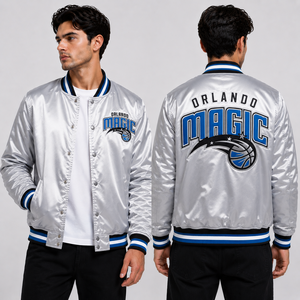 Custom Orlando <b>Silver</b> Satin Varsity <b>Jacket</b> Basketball Inspired Embroidered Logo Bomber Men Wholesale OEM Teamwear Factory Export - Product Image 1