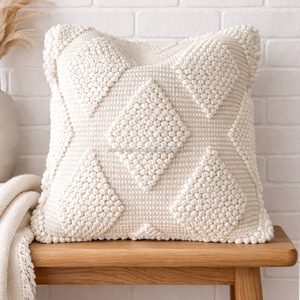 Funda de cojín de macramé estilo boho con cremallera decorativa, diseño de diamantes grandes, tejida a mano, blanca, para sala de estar, 45x45 cm. - Product Image 1