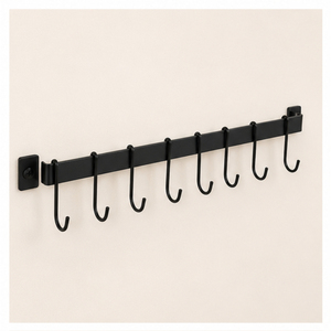 Space-Saving Wall Mounted Kitchen Organizer Rack Heavy-Duty Black Metal Rail with S-<b>Hooks</b> for Utensils Mugs and Cookware Storage - Product Image 1