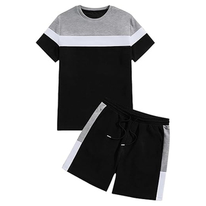 Men's Breathable Color Block T-Shirt and Shorts <b>Set</b> Casual Summer <b>Knitted</b> Silk Screen Printed Two-Piece Outfit with Custom Logo - Product Image 1