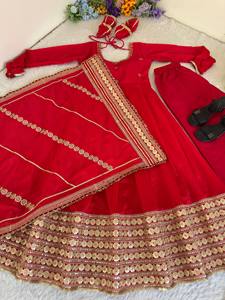 <b>Red</b> Embroidered Anarkali <b>Lehenga</b> Set Long Sleeve Dupatta Traditional Dress for Wedding Party Women - Product Image 5