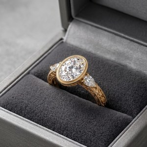 Bague Art Déco 3.02 carats en diamant taille ovale, trois pierres, or jaune 14 carats, cultivé en laboratoire, pour mariage, cadeau surprise pour partenaire - Product Image 5