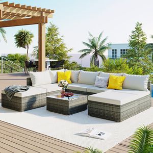Juego de Muebles de Jardín de Mimbre Gris con 8 Cojines Beige, Sofá Individual Combinable para Patio Exterior - Product Image 2