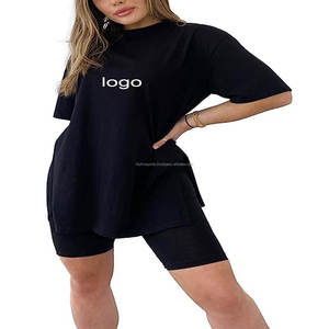 Custom Plain Cotton T Shirt Match With Tight Shorts Two Piece Outfits Summer Biker Shorts <b>Set</b> for Women - Product Image 3