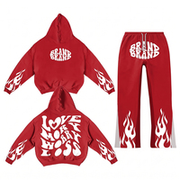 Conjunto de Sudadera con Capucha y Pantalones Deportivos Personalizados con Estampado de Llamas Rojas, Estilo Y2K, Ropa Deportiva Unisex de Felpa, Tallas Grandes