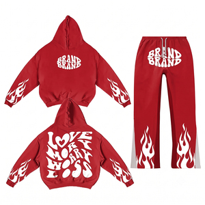 Custom Red Flame Print Heavyweight Hoodie Sweatpants Blank Y2K Streetwear Tracksuit Unisex Fleece Jogger Set Plus Size Clothing - Product Image 1