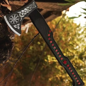 Viking Tomahawk <b>Axe</b> Forged Steel Blade Wood <b>Handle</b> Red Star Inlay Survival Hatchet Outdoor Use - Product Image 4