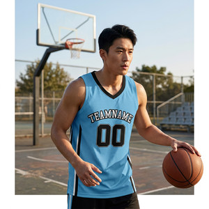 Men's Custom Mesh Basketball Jersey Sleeveless V-<b>Neck</b> Team Number Black <b>Light</b> Blue - Product Image 6
