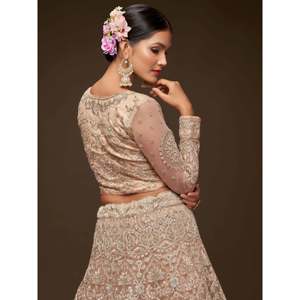Sparkling Beige Embroidered <b>Net</b> Plus Size Lehenga Choli for Engagement - Product Image 5