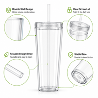 Gobelet en plastique à double paroi de 24 oz avec couvercle et paille, en stock, personnalisable avec logo, réutilisable, transparent, vente en gros