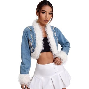 Women's Blue Denim Jacket with White Feather <b>Fur</b> Trim Embroidered Cropped Style Butterfly Design OEM Wholesale - Product Image 1