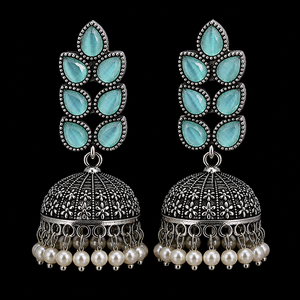 Pendientes Jhumka de Ónix Azul Cielo en Forma de Lágrima Oxidados, Plata Antigua, Imitación de Perla Colgante, Joyería Boho de Moda para Boda, Venta al por Mayor - Product Image 4