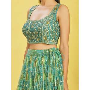 Green Mirror Work Organza Mehendi Wear <b>Lehenga</b> Choli for Women - Product Image 3