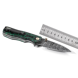 Couteau pliant en acier Damas personnalisé en gros, 18,5 cm, manche en Micarta anti-traces, couteau de poche OEM, outil de camping, étui en cuir - Product Image 5