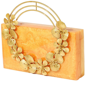 Luxury <b>Gold</b> Floral Resin <b>Clutch</b> Bag with Elegant Metal Flower and Leaf Embellishment, Stylish Evening Party Handbag for Women - Product Image 3