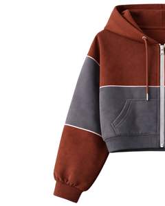 Women Rust Brown And Charcoal Grey Color Block Crop Zip Hoodie <b>Shorts</b> Set With Cargo Pockets Casual Two Piece Outfit Wholesale - Product Image 4