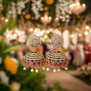 Kemp Gold Plated Crystal Pearl Ruby Circle Jhumka Hoop Earrings for Party Wedding - Product Image 2