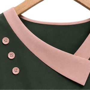 Olive Green Womens Asymmetric V Neck Short Sleeve T Shirt Blush <b>Pink</b> Contrast Trim Button Detail Casual Custom Wholesale Apparel - Product Image 6