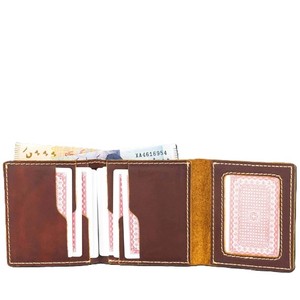 Reddish Brown Genuine Leather <b>Men</b> Trifold <b>Wallet</b> Clear ID Window Multi Cardslots Cash Pocket Contrast Stitching <b>Small</b> Male Purse - Product Image 2