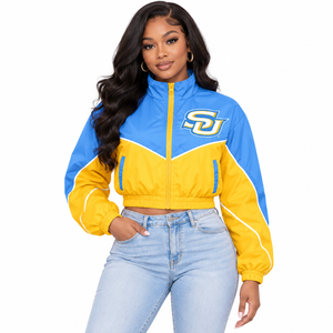 Chaqueta Corta Cortavientos Personalizada Southern University SU HBCU Azul y Dorado con Bloques de Color, Cremallera Completa, Estilo Bomber Universitario para Mujer, Venta al por Mayor - Product Image 3
