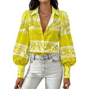 Customdesigned Casual Party Vintage <b>Hawaiian</b> Tropical Hibiscus Leaf Print Ladies Blouse Turn Collar Balloon Long Sleeve Button - Product Image 1