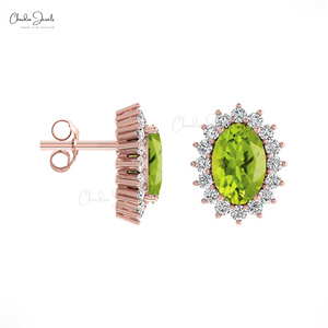 Boucles d'oreilles clous en or massif 14 carats avec péridot naturel et halo de diamants 6x4 mm, pierre de naissance d'août, fournisseur de bijoux de mariage - Product Image 3