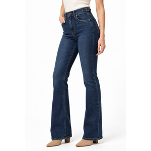 Vaqueros de mezclilla de cintura alta para mujer con corte de bota y tirantes ajustables - Indigo elástico de pierna ancha, tallas XS-6XL - Product Image 3