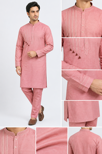 <b>Mens</b> Dusty Pink Cotton <b>Kurta</b> Pajama Set Stylish Thread Work Tassel Detail Indian Traditional Festival Outfit Wholesale B2B - Product Image 6