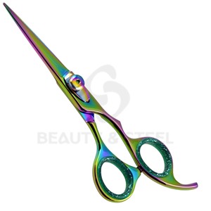 Ciseaux de coiffure professionnels multicolores arc-en-ciel à bord convexe tranchant avec poignée sculptée unique - Product Image 4