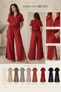 Nouvelle Collection : Ensemble Coordonné Femme Décontracté Été en Coton et Lin – Pantalon Large Taille Mi-Haute Fendu sur le Côté et Haut à Manches Courtes Effet Délavé - Product Image 4