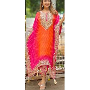 KAFTAN pour femme à manches courtes en viscose respirante, broderie et impression numérique, avec Dhoti ORANGE - TENDANCE - Product Image 1