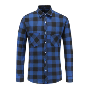 Chemise en flanelle pour homme à carreaux bleu roi et noir, en coton épais, à manches longues, avec deux poches poitrine, chemise de travail robuste - Product Image 1