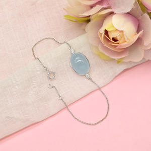 Pulsera de boda de oro blanco de 14 quilates con cabujón ovalado de piedras preciosas, lista para enviar, 7.45 quilates en total, pulsera de aguamarina natural y diamantes para mujer - Product Image 5