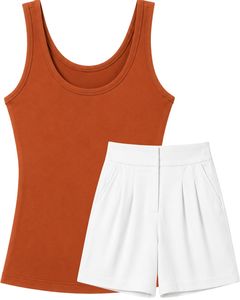 Manufacturer Rust Orange Tank <b>Top</b> With White Shorts Women Summer Casual Two Piece Lounge Wear Outfit Set Soft Stretch Fit Outfit - Product Image 1