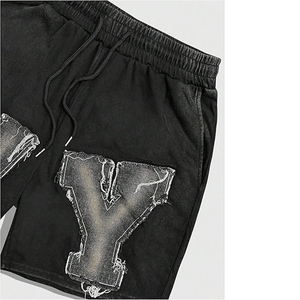 Pantalones Cortos Negros de Algodón para Hombre con Estampado de Letras NY Rasgadas, Cintura con Cordón Ajustable, Estilo Casual - Product Image 4