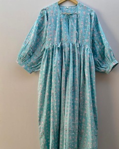 Lightweight <b>Boho</b> Floral Block Print <b>Dress</b> Casual <b>Summer</b> Sundress Balloon Sleeves Pure Cotton Maxi Outfit Women - Product Image 5