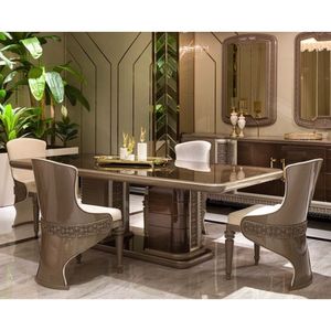 Ensemble de table à manger 7 pièces en teck massif, design moderne et luxueux, écologique, durable, finition brillante, sculpté, mobilier de maison - Product Image 1