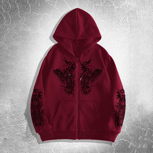 Men's Gothic Red <b>Zip</b> Up <b>Hoodie</b> Black Print Fleece Sweatshirt With Front <b>Pocket</b> - Product Image 1