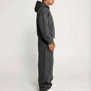 Conjunto Deportivo Unisex Gris Oscuro con Sudadera con Capucha y Cierre, Pantalones Jogger Holgados, Corte Regular, Color Sólido, Manga Corta, Ropa de Invierno - Product Image 3