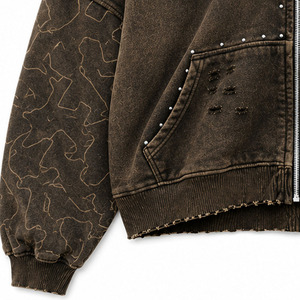 RTW Industries <b>Men's</b> Oversized <b>Hooded</b> Zip-Up <b>Denim</b> <b>Jacket</b> Camouflage Print Streetwear Style Stonewashed Brown - Product Image 4