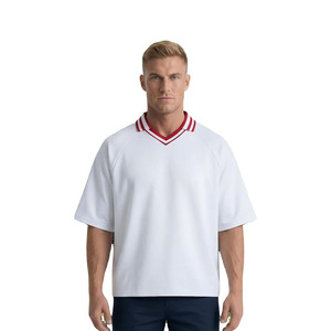 T-shirt polo oversize pour homme, coupe carrée, col en V contrastant, streetwear, tissu extensible - Product Image 1