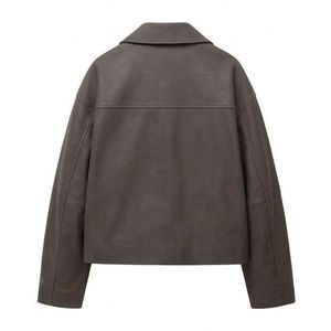 Cropped Fit <b>Lambskin</b> Clean <b>Leather</b> <b>Jacket</b> Straight Hem Spread Neckline Classic Yoke Back Minimalist Fit Sleeves Women Coats - Product Image 2