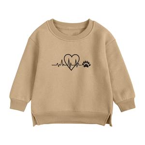 Sweat-shirt à col rond pour enfants, motif empreinte de patte et battement de cœur, manches longues, décontracté, pour l'automne, unisexe, beige, en coton, fabriqué au Bangladesh - Product Image 1