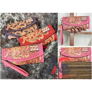 Women's Vintage New Design Trendy Clutch with Hand <b>Tooled</b> Floral <b>Tooling</b> & 777 Slot Machine Cow <b>Leather</b> Clutch Wristlet Purses - Product Image 1