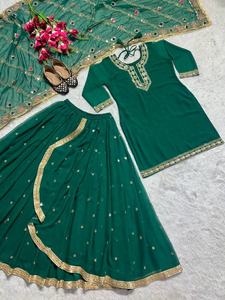 Traje de Mujer Listo para Usar, Estilo Indio Pakistaní, Georgette Salwar Kameez, Verde, Sharara, 100 Disponibles - Product Image 2