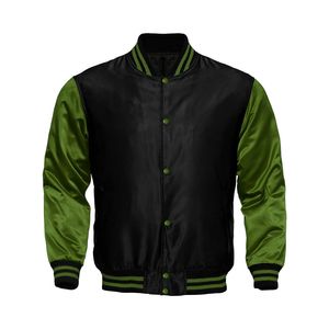 Men's <b>Black</b> Green Varsity <b>Jacket</b> Solid Color Mandarin Collar Regular Fit Casual Style Canvas Material High Street Style Front - Product Image 1