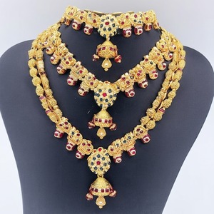 Designer Gold Plated Antique Style 2-Layered Necklace Set with Multi Stones for Wedding - Product Image 2
